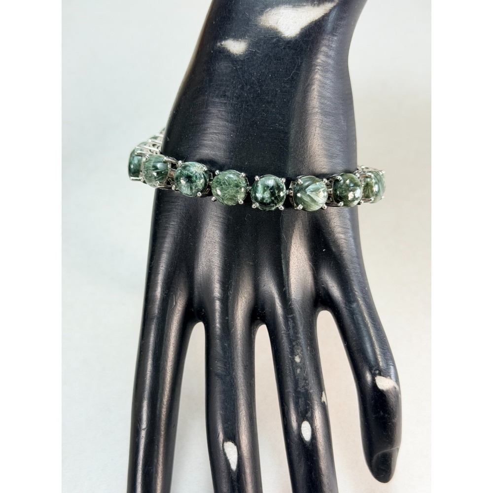 Stunning Sterling Silver 925 Round Green Moss Agate Tennis Bracelet 7 Inch